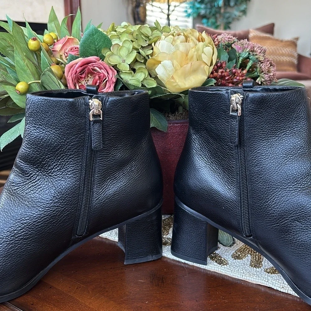 Kate Spade Manhattan Black Pebble Uptown Leather Booties Block Heel Ankle Boots